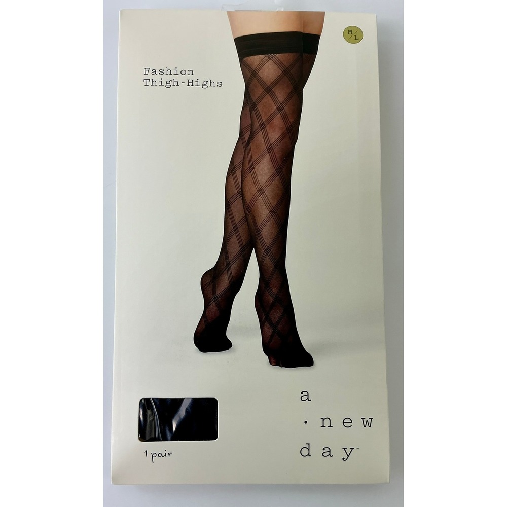 A New Day Fashion Thigh Highs M/L Black Diamond Pattern Sheer Hosiery